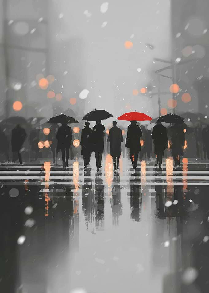 Rainy City Crossing with Red Umbrella