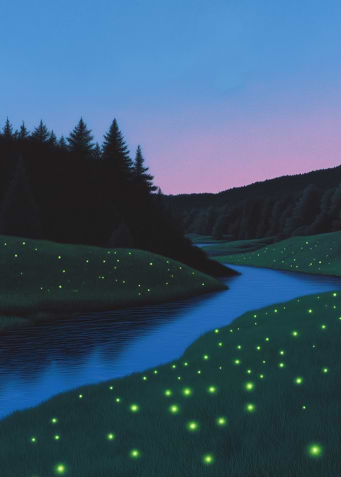 Fireflies River Landscape at Dusk