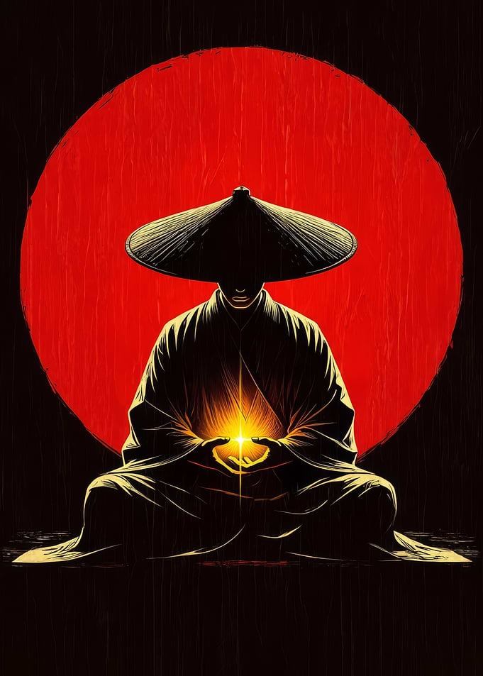 Zen Warrior Meditation: High-Contrast Samurai Art with Golden Light and Red Sun