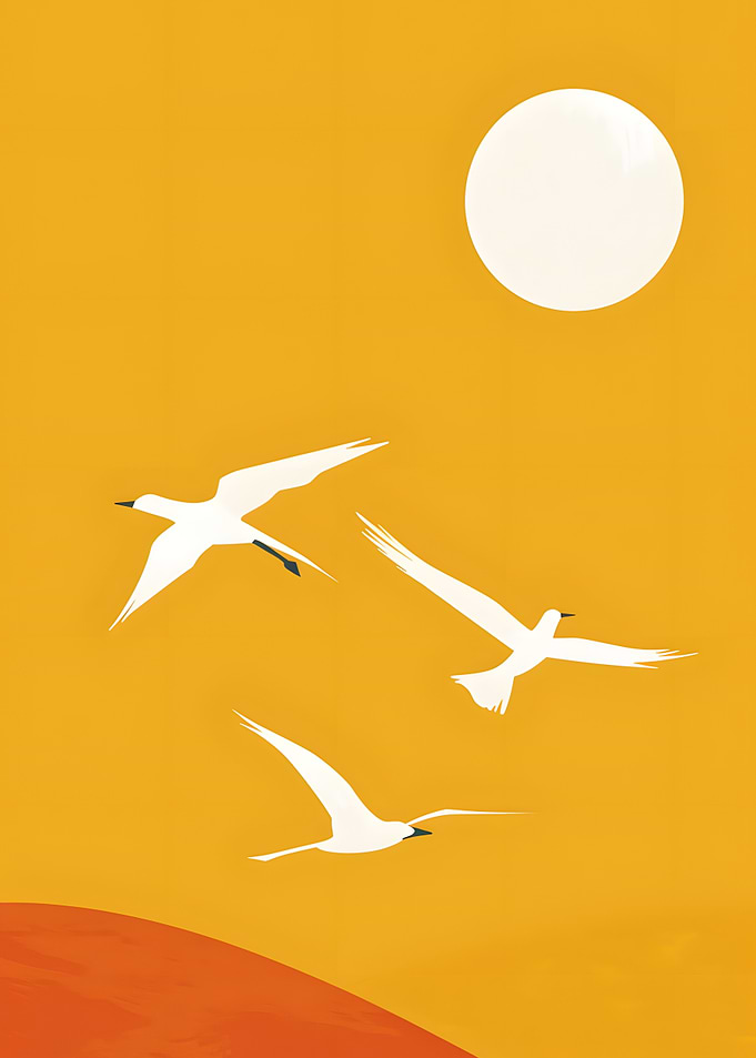 Minimalist Birds Flying at Sunset