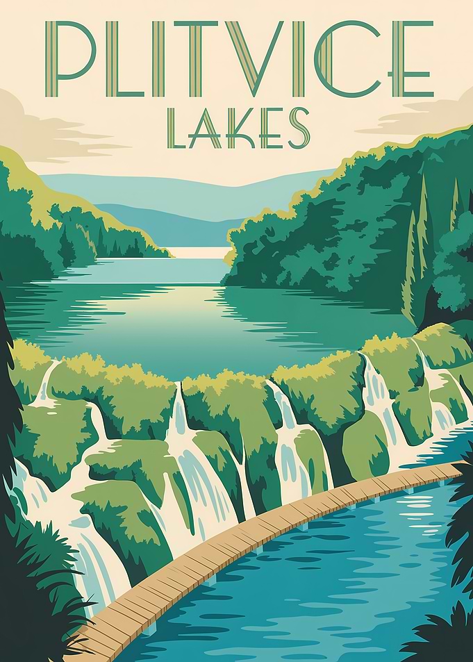 Plitvice Lakes Vintage Travel Poster