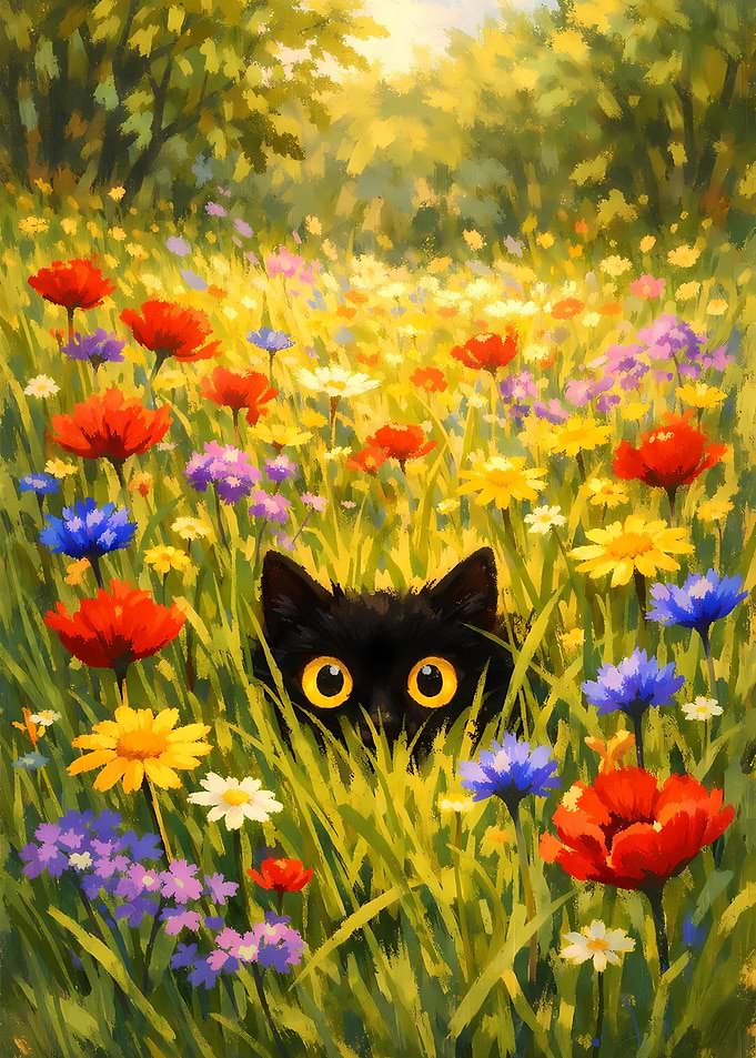 Black cat in a flower field