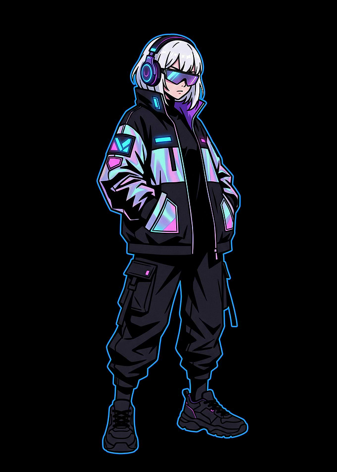 Cyberpunk Girl with Headphones and Jacket