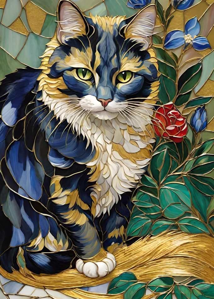 Elegant Cat with Floral Stained Glass