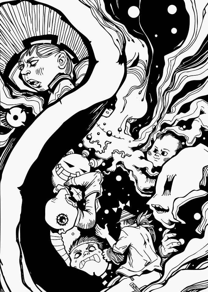 Monochrome Surreal Dreamscape with Figures
