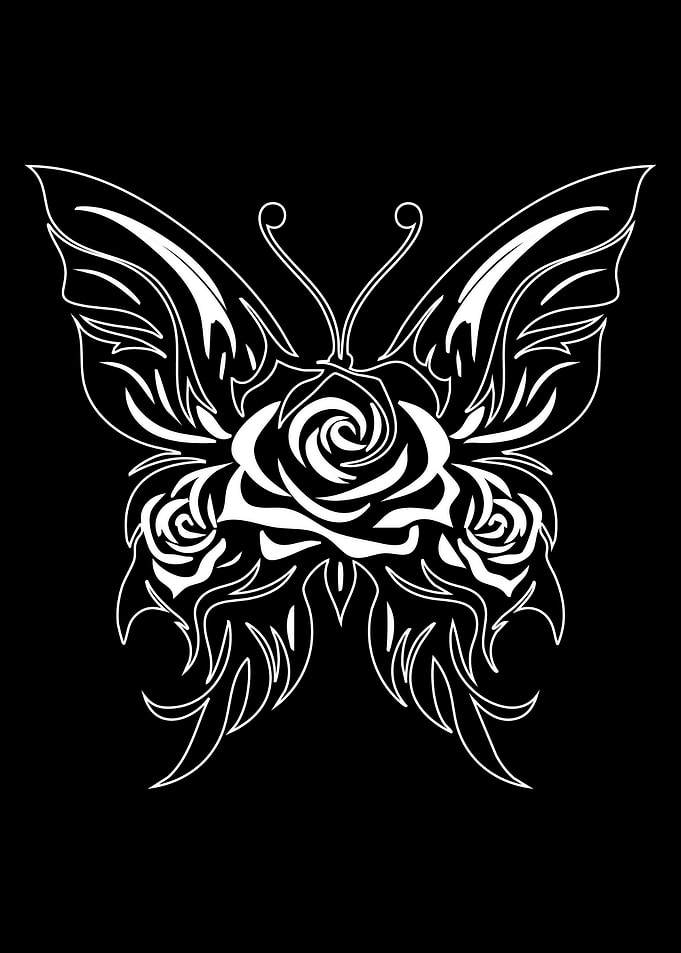 Butterfly and Roses Black and White