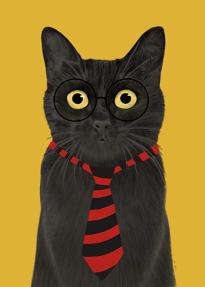 Black Cat with Glasses and Tie