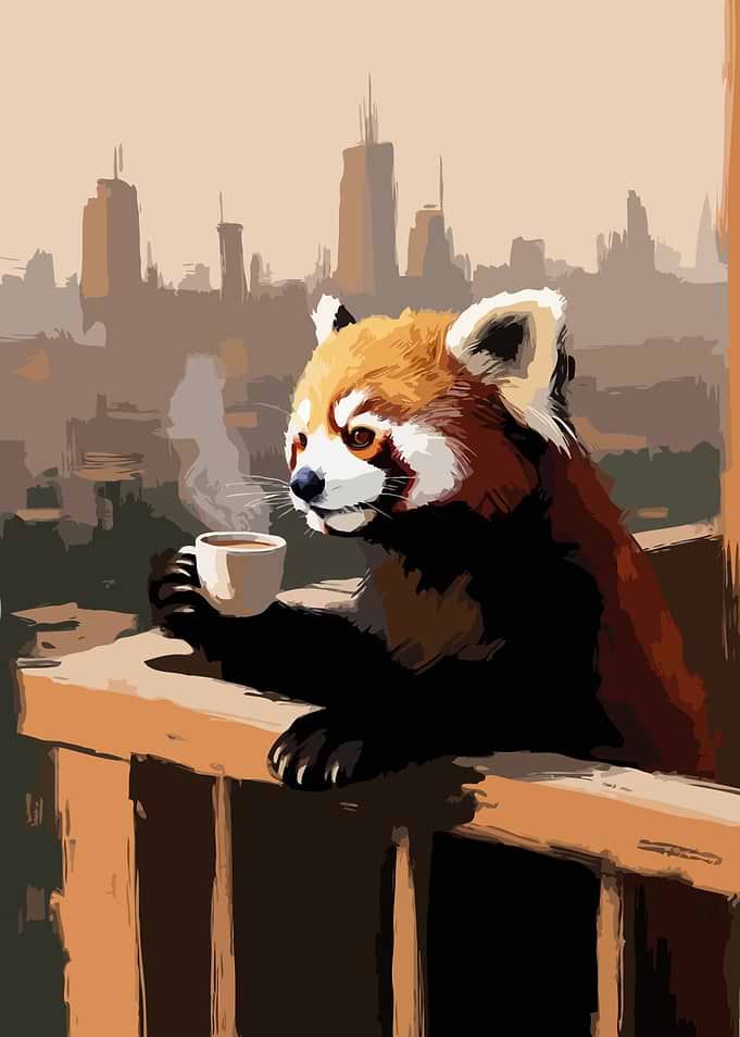 Red Panda with Coffee in Cityscape