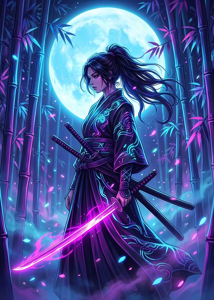 Neon Samurai in Bamboo Forest