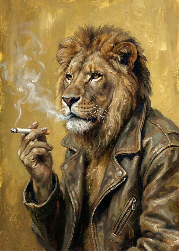 Lion in Leather Jacket Smoking
