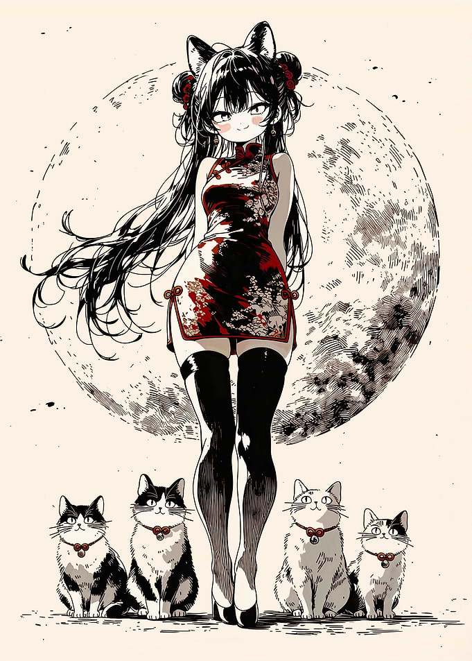Cute Anime Neko Girl with Cats and Moon