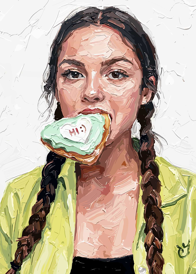 Olivia Rodrigo eating a donut painting
