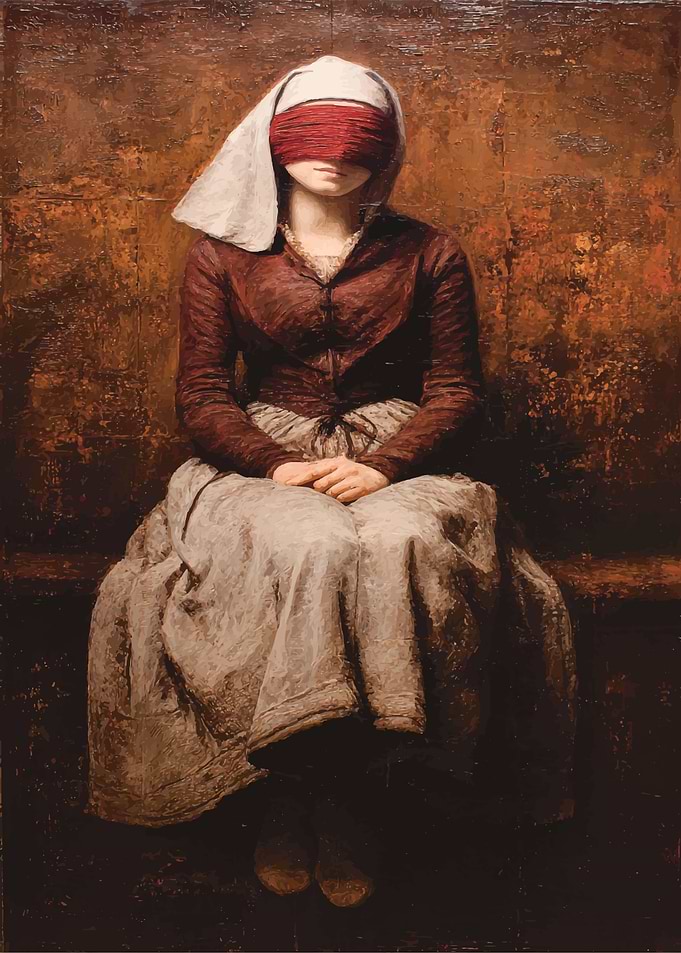 Blindfolded Woman in Historical Attire Painting