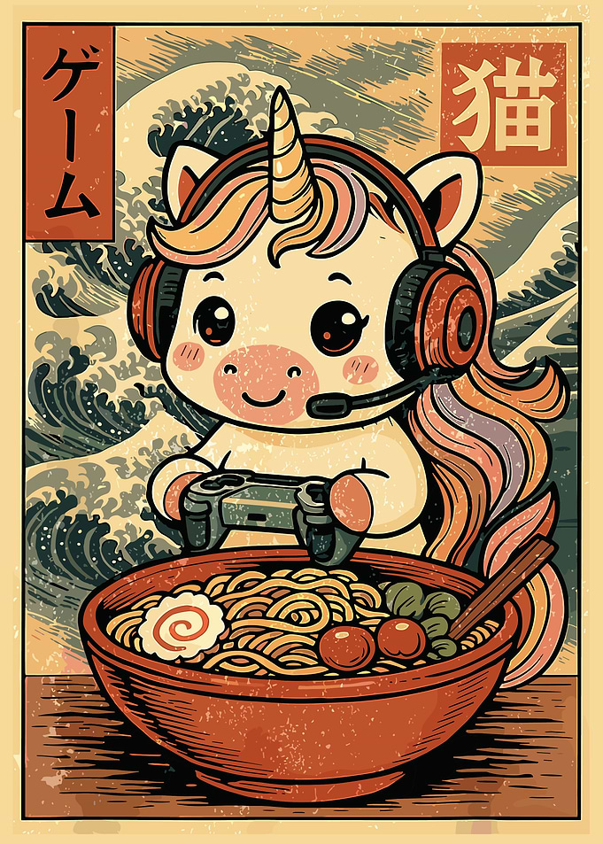 Unicorn Gamer Ramen Poster, Cute Anime Food Art Print, Japanese Cartoon Wall Decor