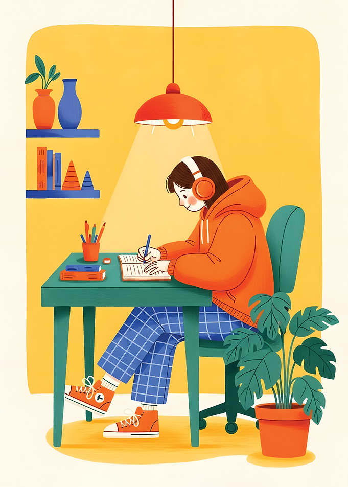 Girl Studying with Headphones Illustration