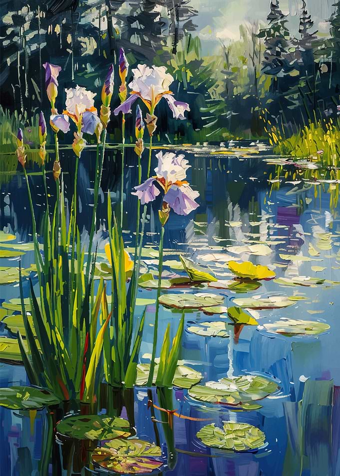 Iris Flowers in Pond Painting