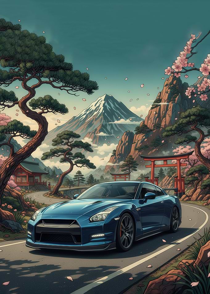 Blue Nissan GTR in Japanese Landscape