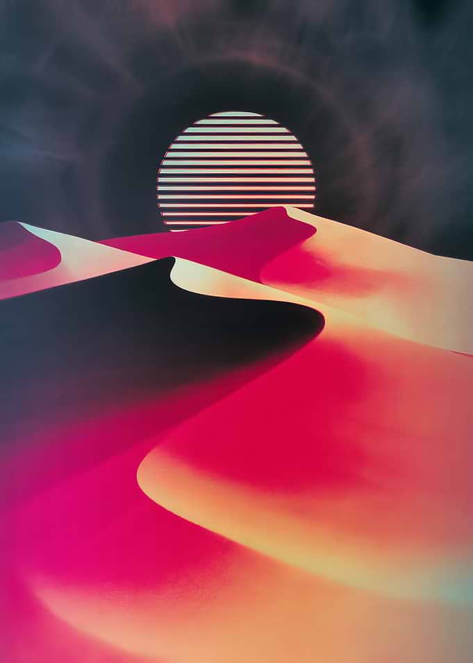 Synthwave Desert Landscape with Striped Sun
