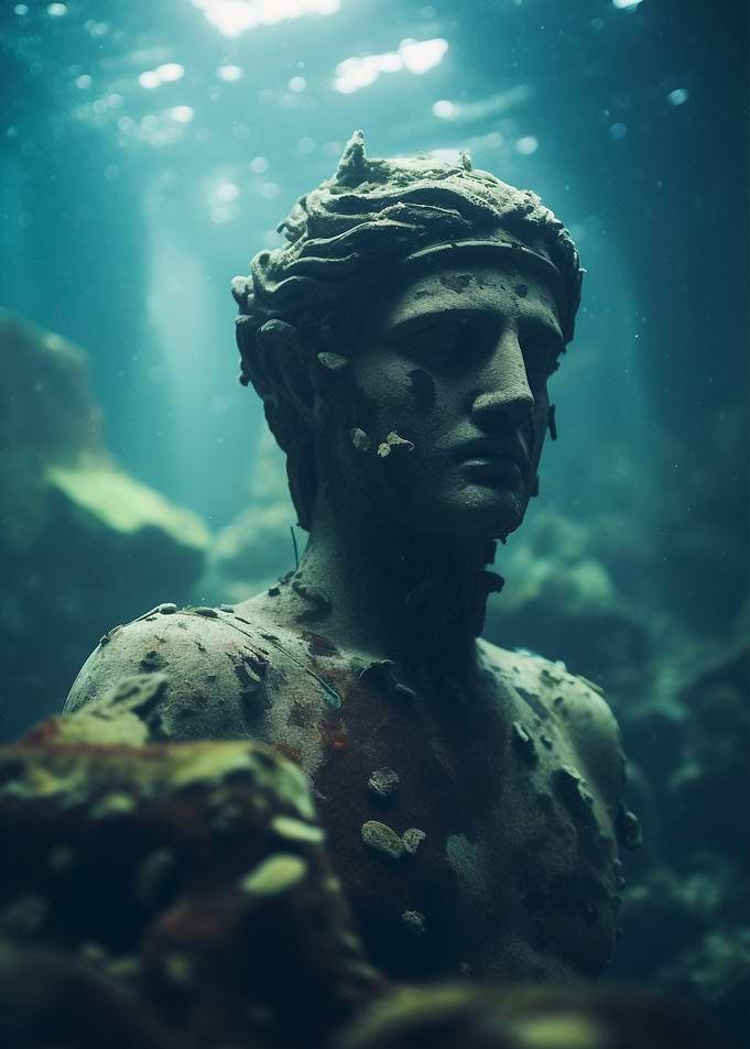 Underwater Statue in Blue Water