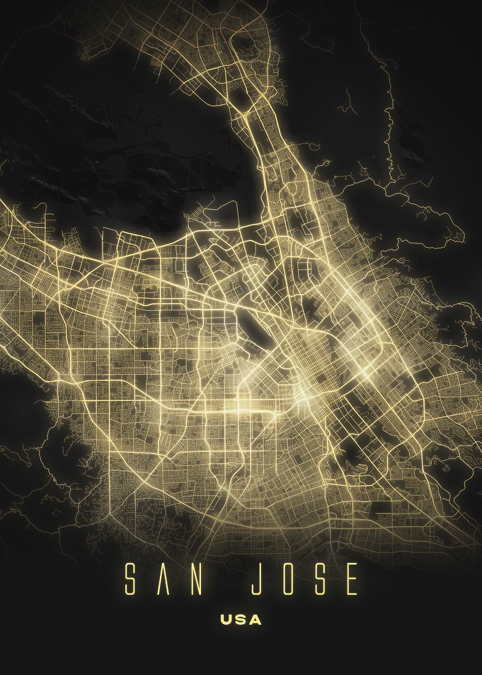 San Jose, California - Luminous Silicon Valley, City Streets Map Poster USA