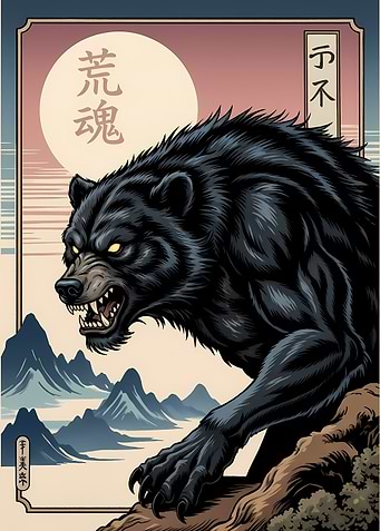 Angry Black Bear in Japanese Art Style
