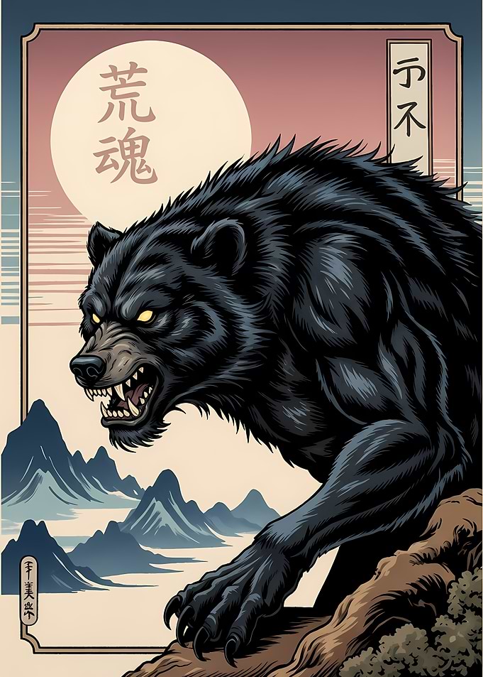 Angry Black Bear in Japanese Art Style
