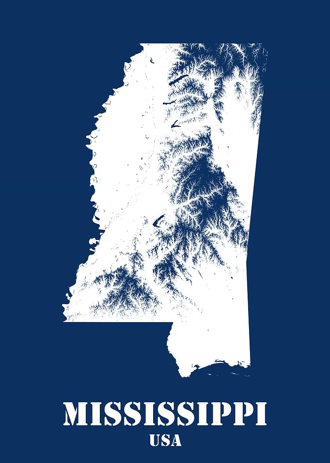 Mississippi USA State Minimalist White Topographic Contour Map featuring terrain on navy blue background