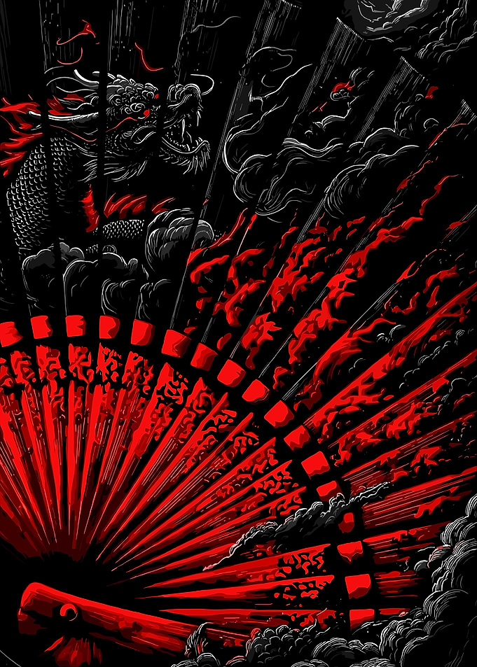 Dragon and Fan in Red and Black