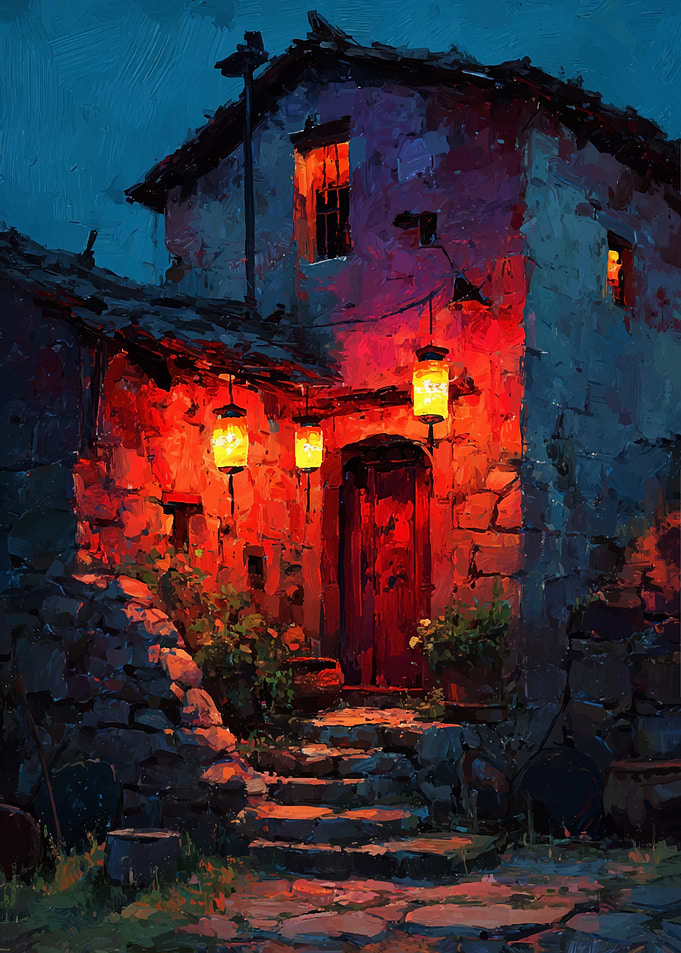 Illuminated Stone House at Night