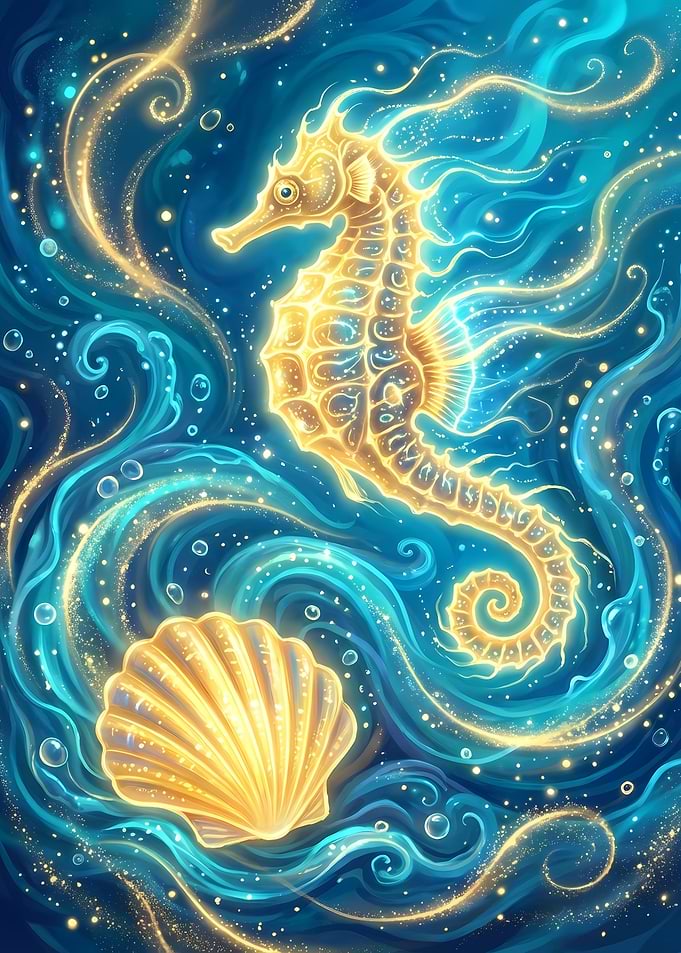 Golden Seahorse and Seashell in Blue Water