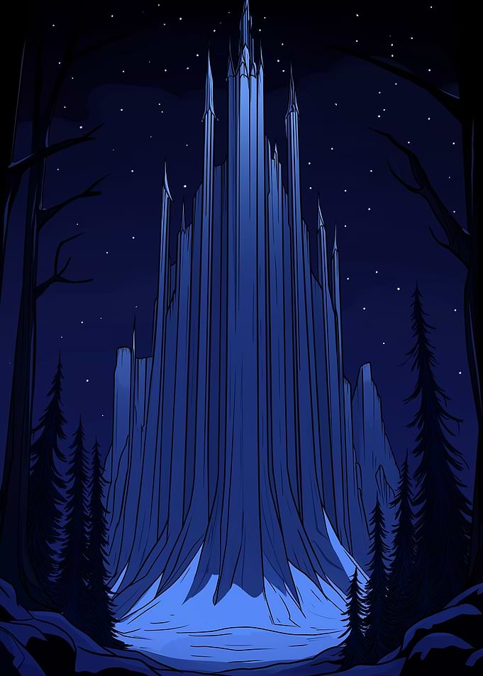 Blue Castle in Dark Forest Night