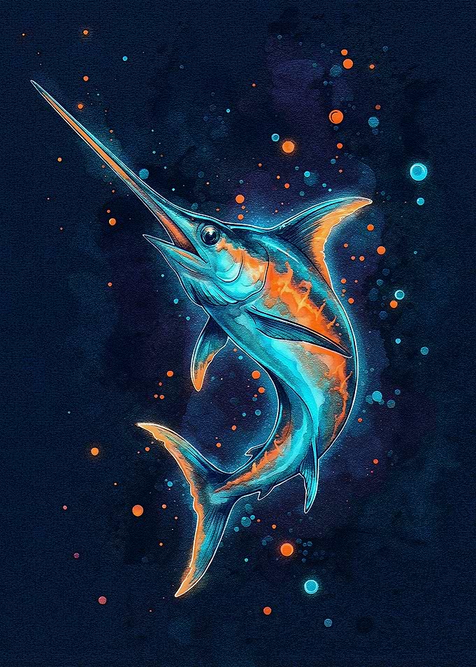 Neon Swordfish Illustration on Dark Background