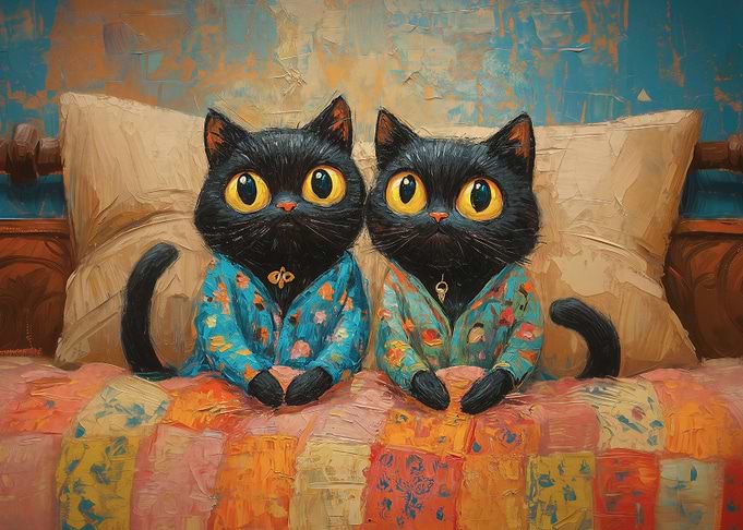 Two Cats in Pajamas on Bed