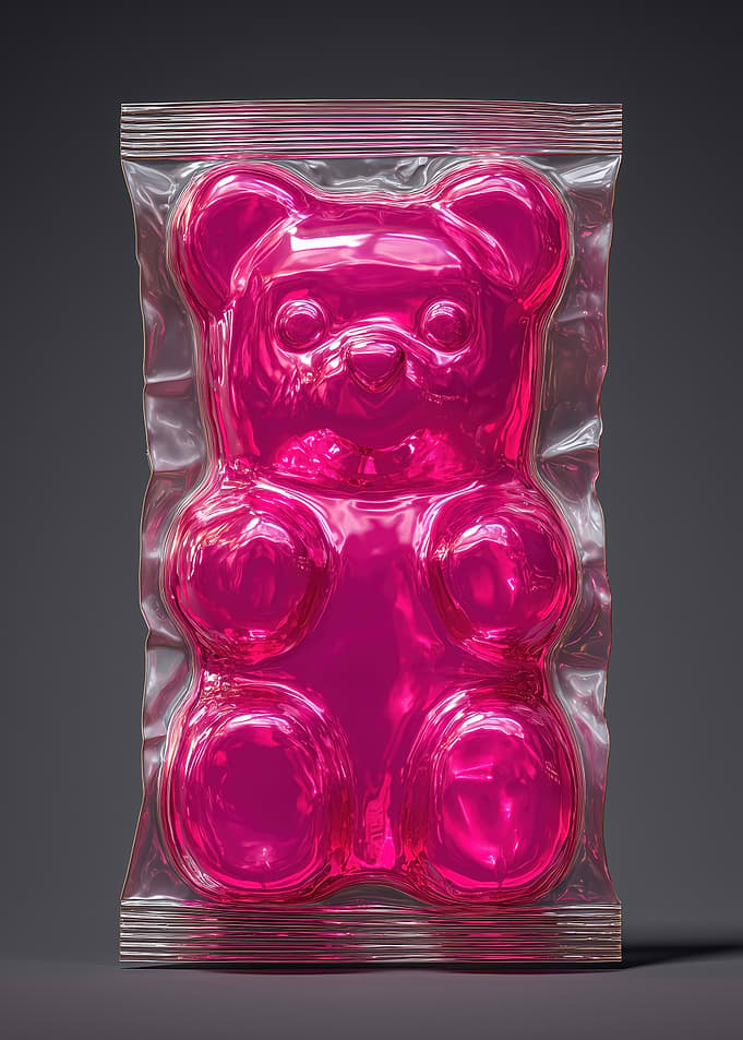 Pink Gummy Bear in Plastic Bag