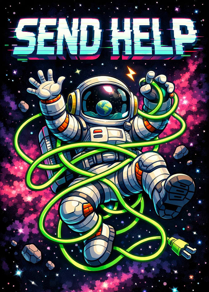 Astronaut tangled in cord, space background