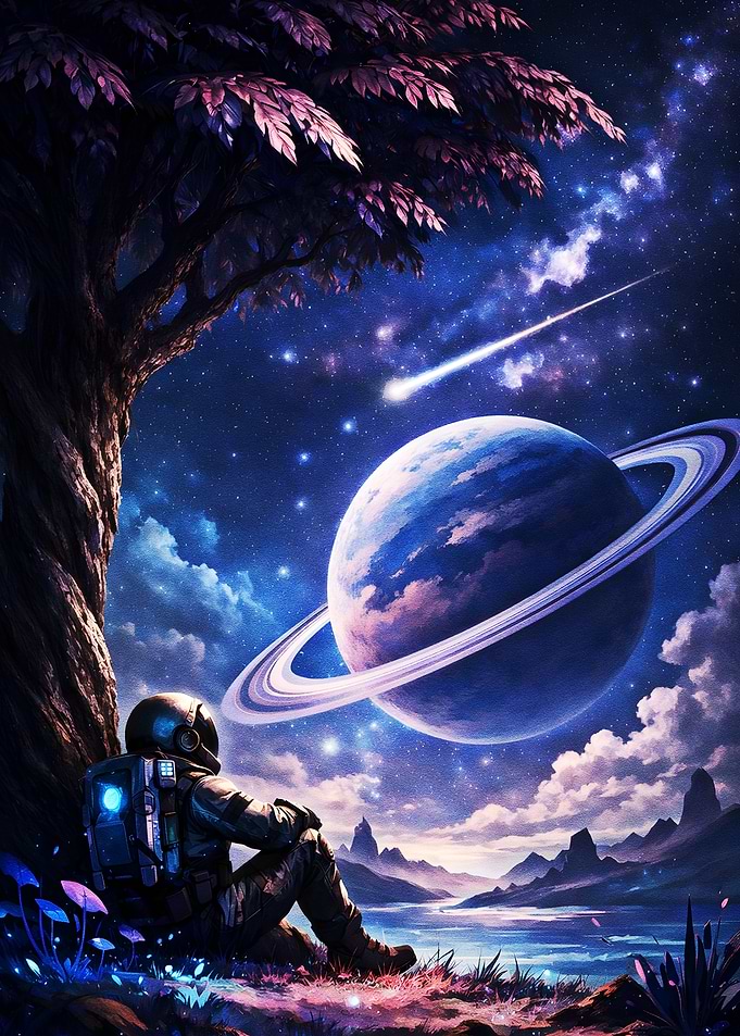 Astronaut Contemplating a Ringed Planet
