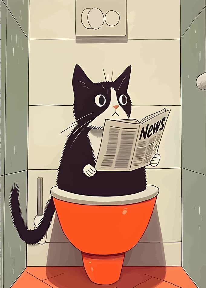 Cat Reading Newspaper on Toilet