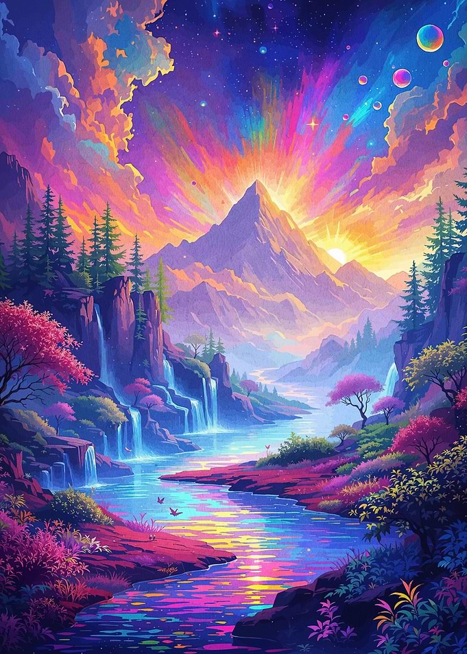 Colorful Mountain Landscape with River