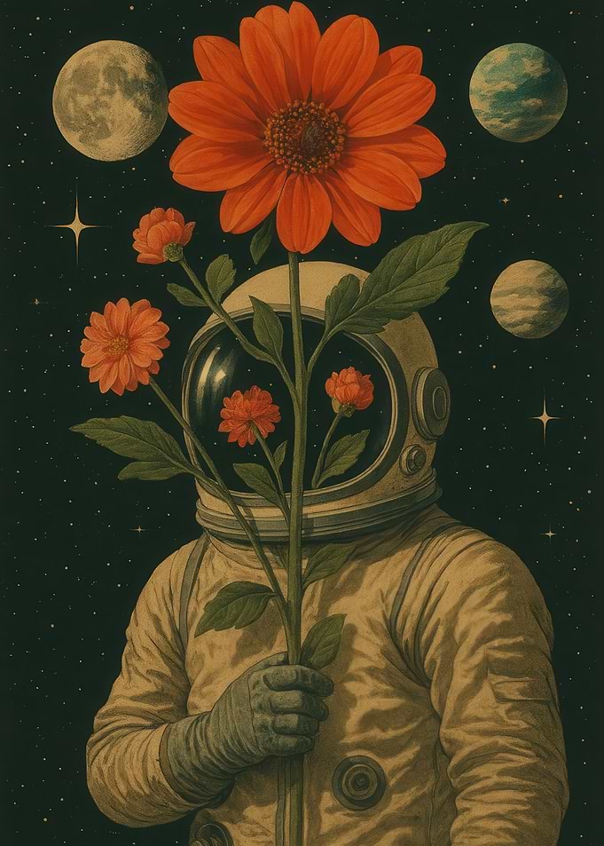 Surealis Astronaut with Flowers in Space