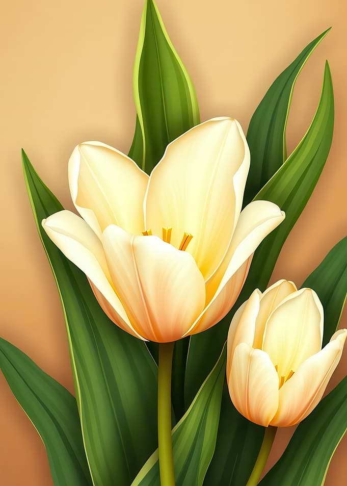 Elegant Cream Tulips with Green Leaves