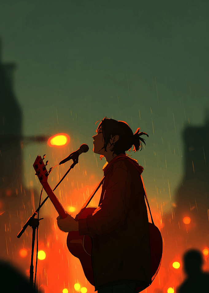 Singer with Guitar in the Rain