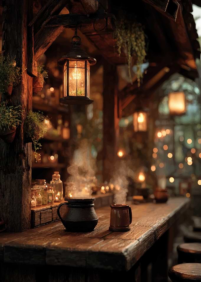 Cozy Tavern Scene with Steaming Drinks