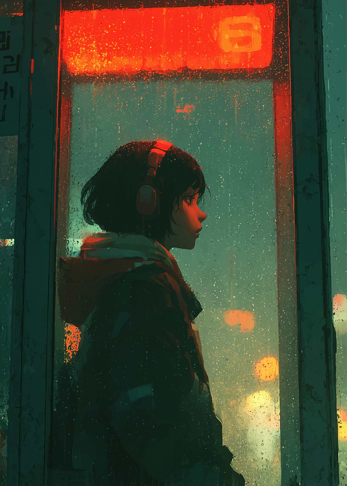 Rainy Day Anime Girl in Booth