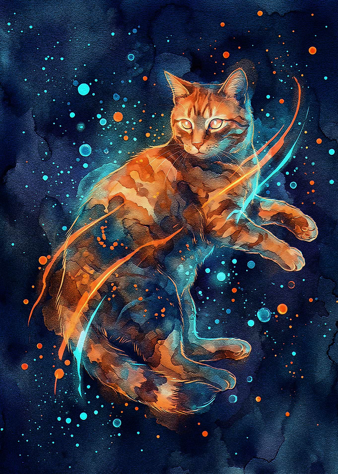 Watercolor Cat with Cosmic Background