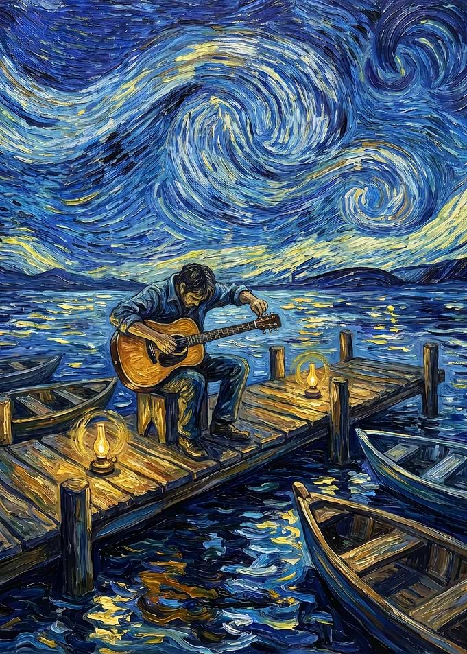 Guitarist on Dock, Starry Night Style
