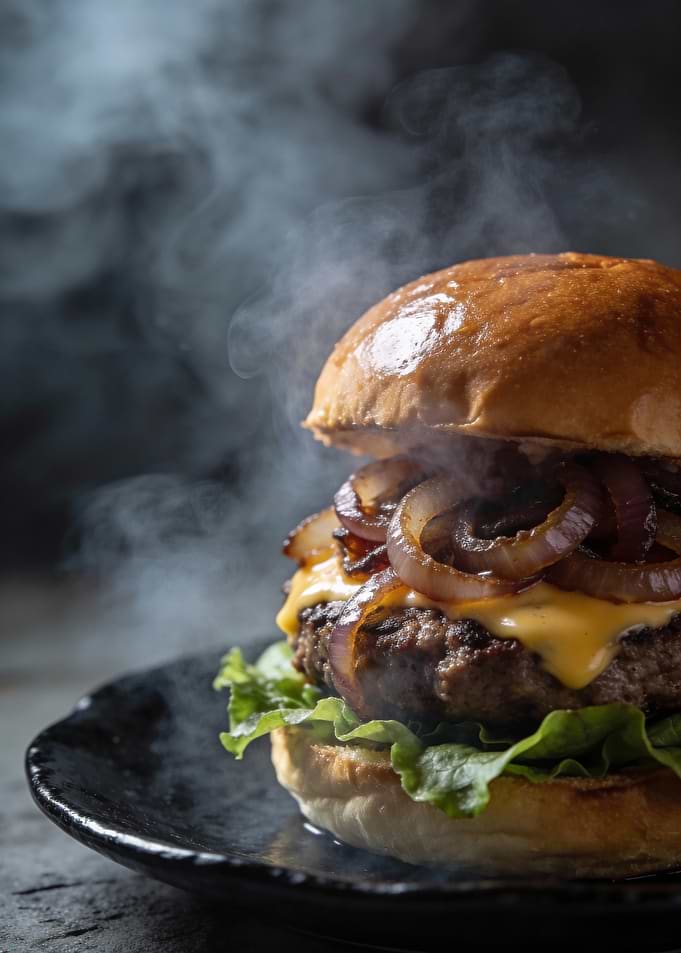Steaming Burger with Caramelized Onions