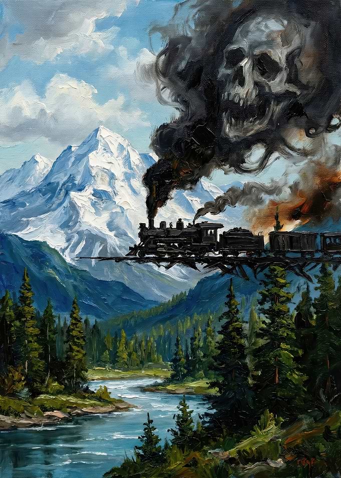 Mountain Train with Skull Smoke Painting