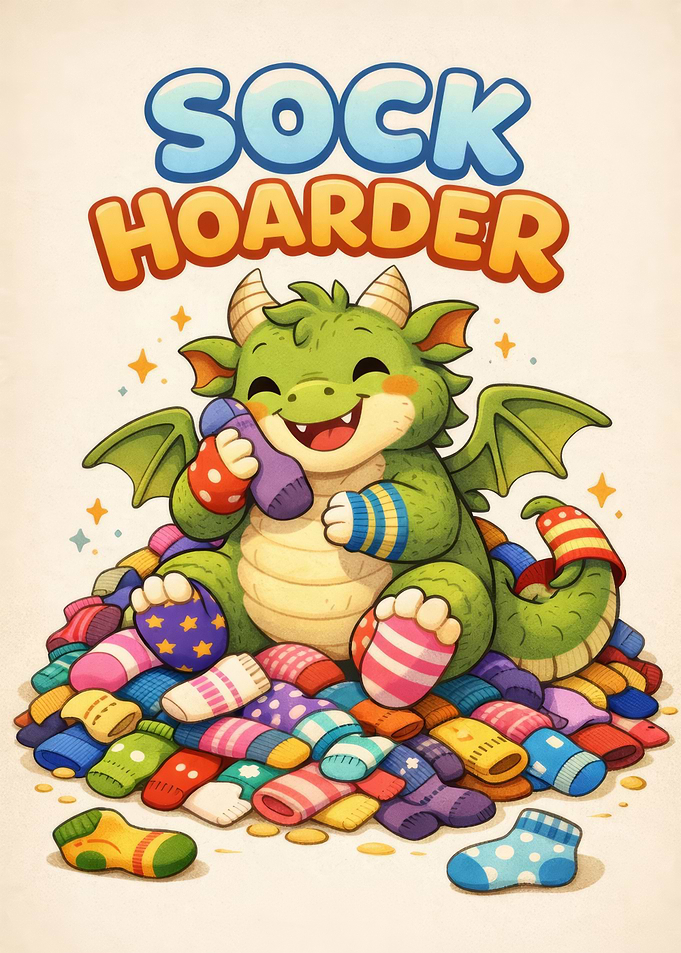 Sock Hoarder Dragon Cartoon Illustration