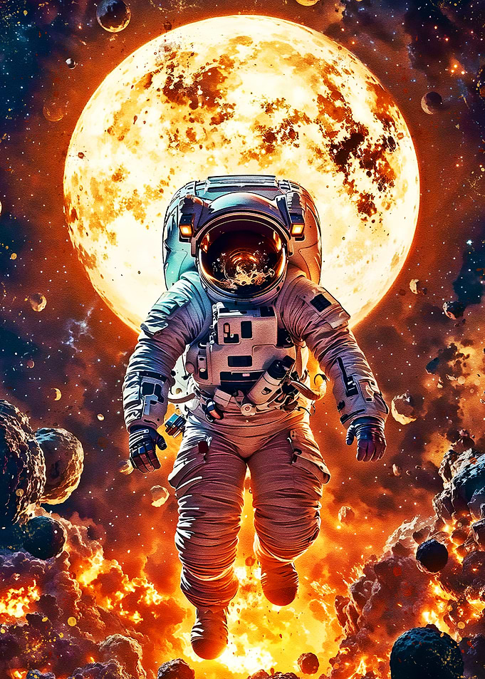 Astronaut in Space with Fiery Planet