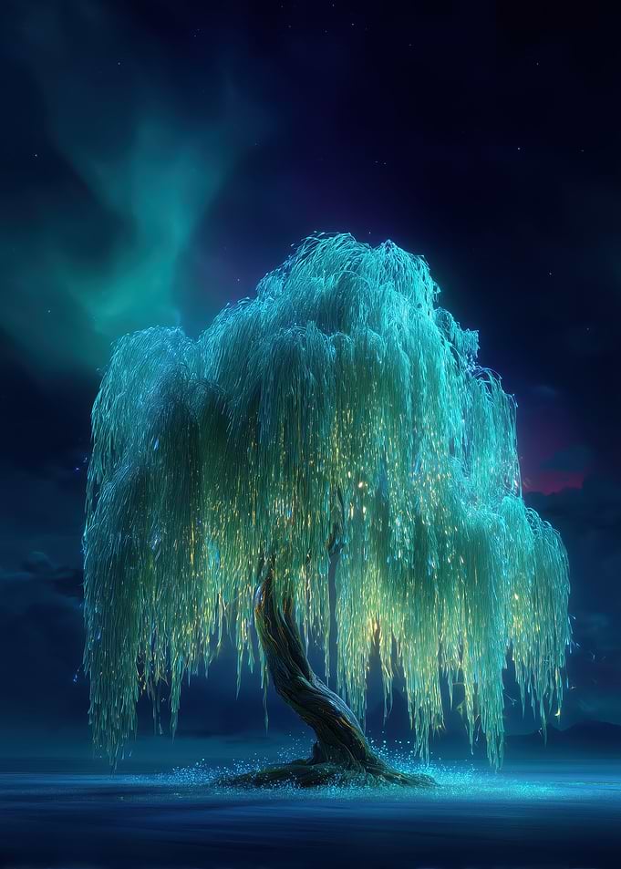 Glowing Willow Tree at Night